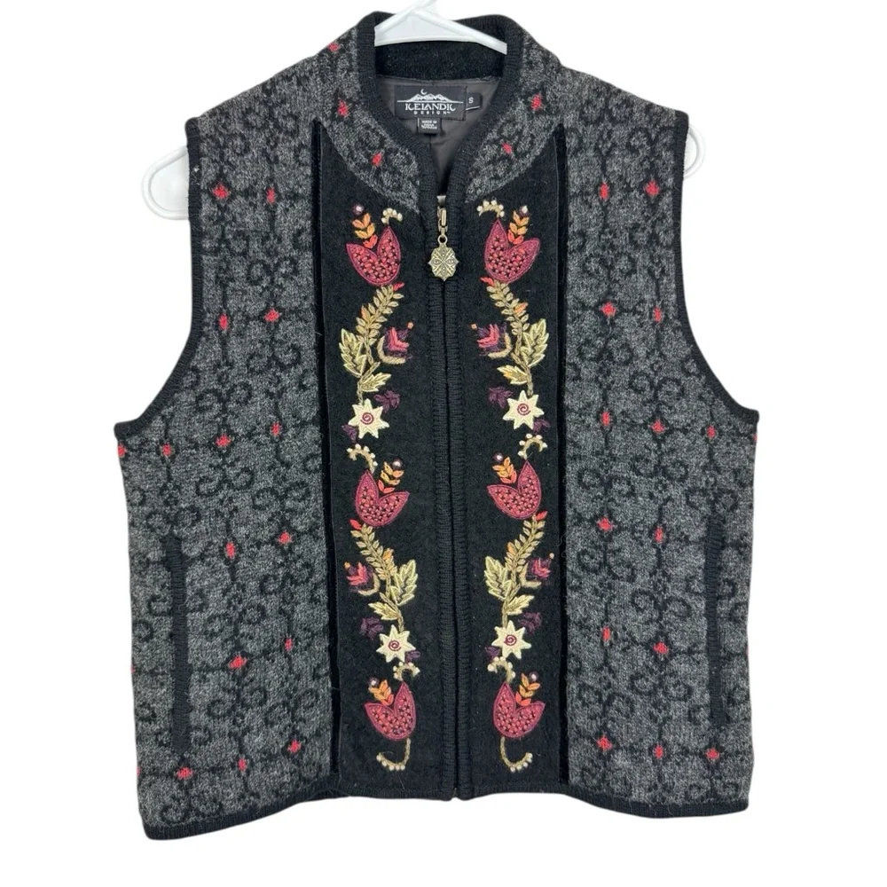 Icelandic Design floral embroidered wool blend zip-front vest S - Picture 1 of 7
